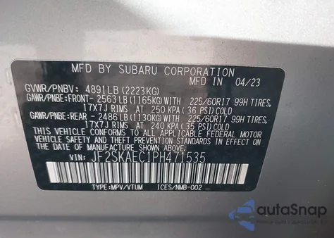 2023 Subaru Forester Premium z USA, uszkodzony, nr VIN JF2SKAEC1PH471535